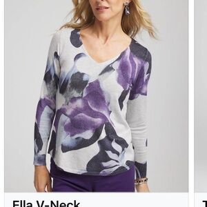Chico’s Ella V-Neck Sweater in Purple and Gray Floral Size 1 or Medium